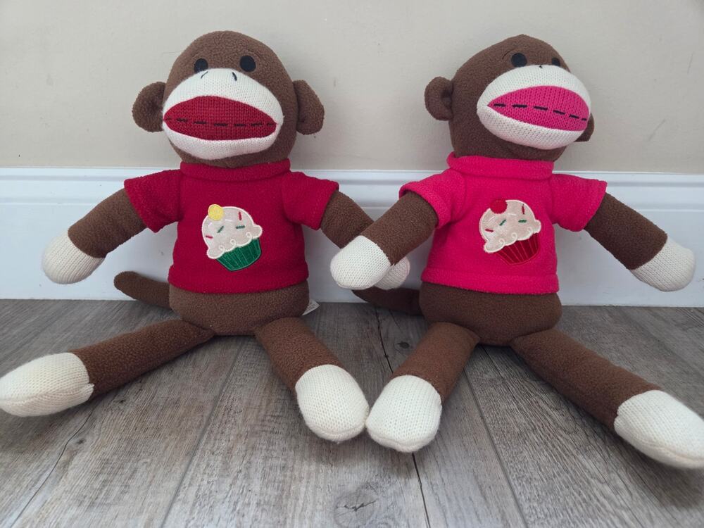 Dan Dee Collectors Choice Sock Monkey Plush Pair Red Pink Cupcake Stuffed